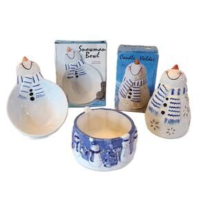 Christmas Holiday Snowman 2 Bowls 1 Tealight Holder Blue White Painted Ceramic